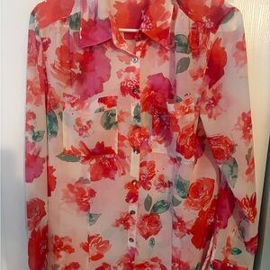 Guess Floral Sheer Button-Down Shirt in Pink and Red